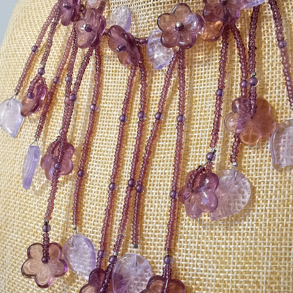 NWT purple lavender flower fringe choker necklace Czech bead - Picture 6 of 9